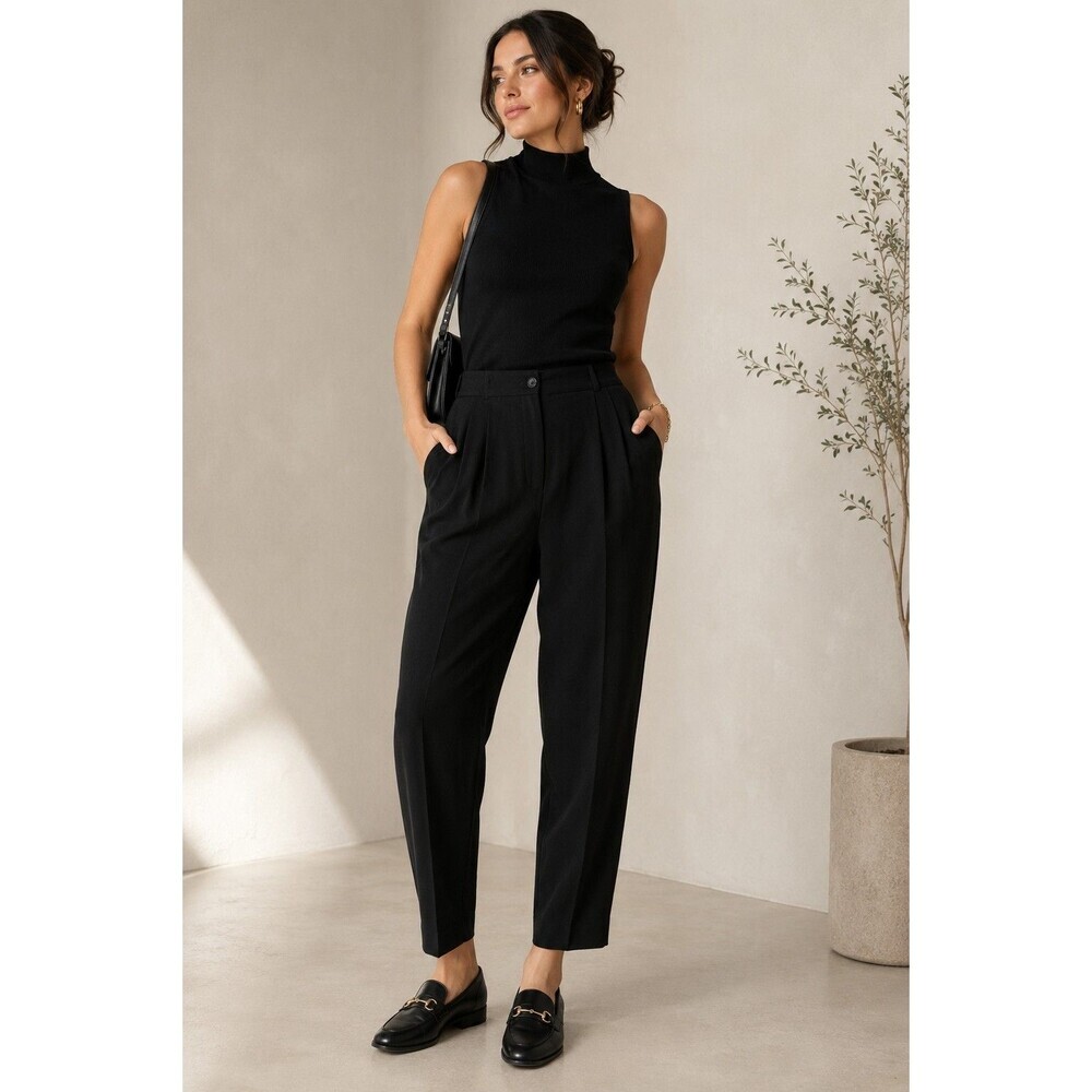 Jacqueline Ferrar Black Pleated Dress Pants Women 8P Petite High Rise Tapered